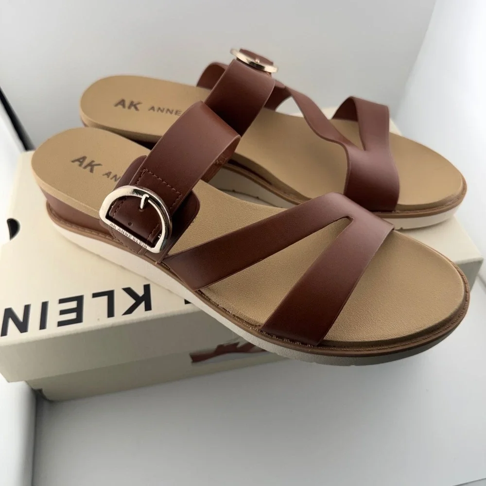 Anne Klein Lalasa Sandal Women 10 Cognac Brown Strap Wedge Buckle Comfort iFlex